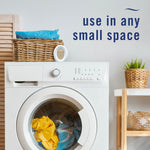 Laundry room scene with a Febreze Bathroom device sitting on a washer and text reading use in any small space