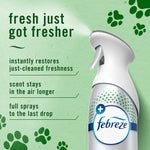 Partial Febreze Air Mist bottle on a green background with copy listing benefits like longer scent and full sprays to the last drop.