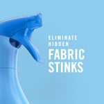 Close-up blue trigger spray nozzle against a solid blue background with text about eliminating fabric odors