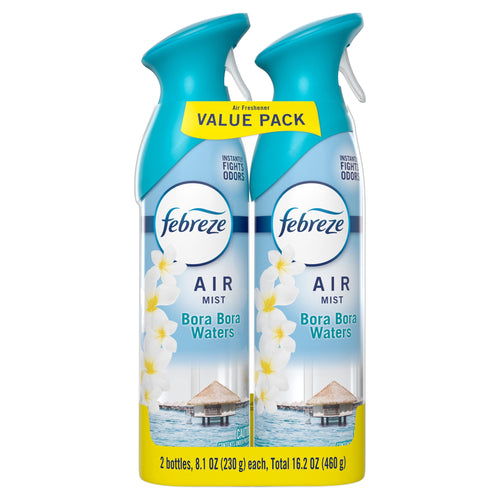 Two Febreze Air Mist Bora Bora Waters aerosol bottles in a yellow‑banded value pack with ocean and floral label art.