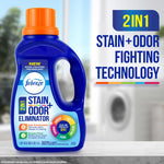 Febreze 2-in-1 stain and odor fighting bottle in front of blurred washing machine
