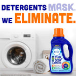 Febreze bottle beside folded towel in laundry scene with bold slogan text above