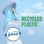 Febreze bottle angled with text reading 'Bottle made with recycled plastic' and a recycling icon on a sky background.