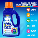 Close-up blue Febreze stain and odor eliminator bottle with colorful icon list of odors