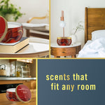 Collage of lifestyle scenes showing the red Febreze candle placed in various rooms with slogan
