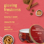 Promotional graphic with candle tin, spices and text highlighting glowing freshness features