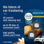Blue infographic-style panel with Febreze Car cinnamon sugar cookies packaging and benefits text