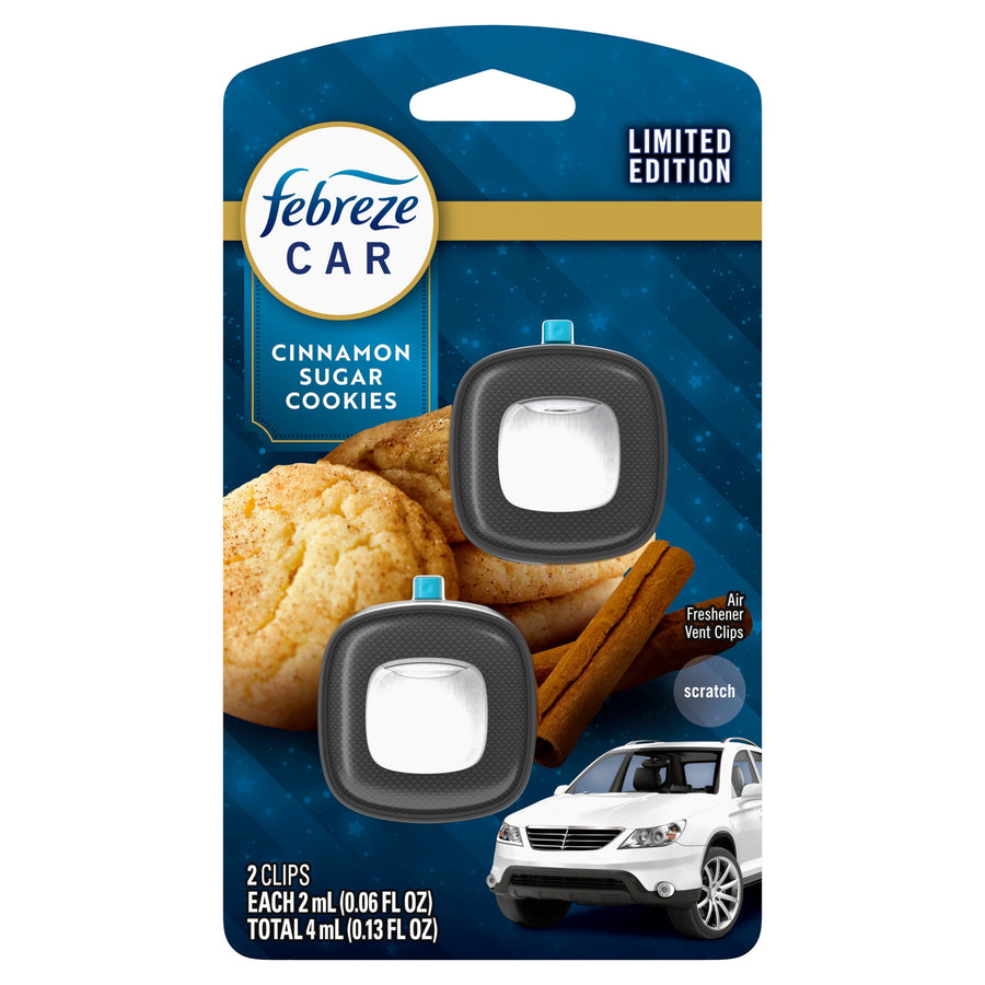 Straight-on product image of Febreze Car cinnamon sugar cookies two-pack blister card with car image