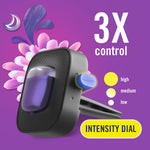 Close-up render of a Febreze Car vent clip showing purple scent pod and an intensity dial with labeled high, medium and low settings