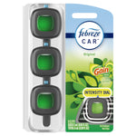 Front-facing Febreze Car three-clip blister pack in Gain Original scent showing green gel inserts and intensity dial label