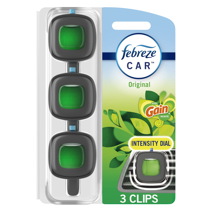 Packaged Febreze Car vent clip trio in Gain Original scent with green gel inserts and intensity dial on card