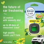 Febreze Car packaging artwork highlighting Gain Original scent and intensity dial with product blister and car graphic