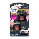 Febreze Car Luxe Japanese Cherry Blossom vent-clip packaging showing two black clips and floral art