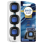 Front packaging of Febreze Car Luxe Ocean three-clip bundle showing blue gel inserts and intensity dial branding