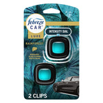 Febreze Car Luxe Rainforest vent-clip packaging showing two black vent clips with turquoise gel and car image