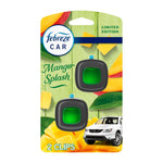 Febreze Car Mango Splash vent-clip pack showing two black clips and mango imagery on green card