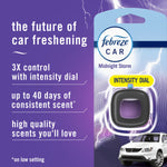 Graphic packaging panel showing Febreze Car Midnight Storm vent clip and product benefits text