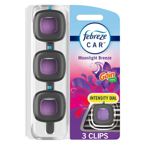 Febreze Car Moonlight Breeze vent clip pack showing three black clips with purple scent pads and Gain branding on pink-blue card