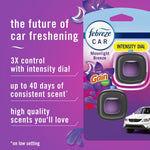 Packaging graphic with Febreze Car Moonlight Breeze clip, intensity dial callout and text highlighting up to 40 days of consistent scent