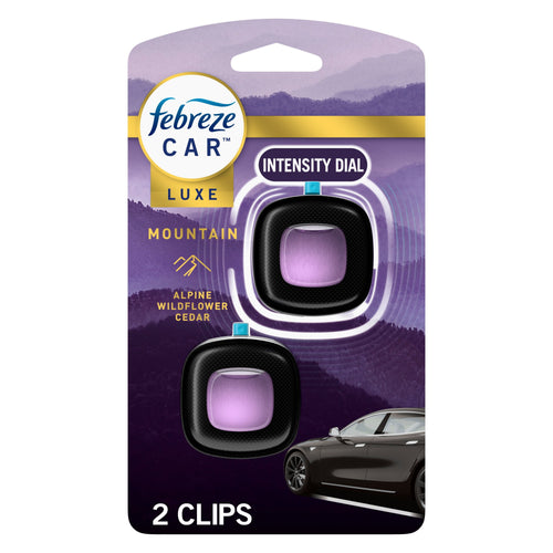Febreze Car Luxe Mountain air freshener two-pack in purple packaging with car vent clips visible