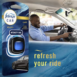 Lifestyle image showing a smiling driver and a Febreze Car Ocean packaged vent clip with the phrase "refresh your ride"