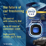 Product infographic-style packaging showing Febreze Car Ocean branding and benefit text beside a vent clip.