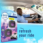 Lifestyle image with Febreze Car Twilight Lavender package inset and smiling driver in a car interior, text 'refresh your ride'