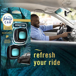 Lifestyle image combining Febreze Car Rainforest packaging beside a smiling driver and the tagline refresh your ride