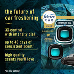 Febreze Car Rainforest packaging with intensity dial callout and text highlighting up to 40 days of consistent scent