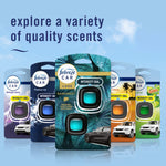 Range of Febreze Car vent-clip packages with Rainforest variant centered and header text explore a variety of quality scents