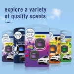 Promotional lineup of Febreze Car packages in different scents with headline 'explore a variety of quality scents' on a sky-blue background