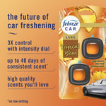 Febreze Car Tropical Blend packaging beside text callouts describing up to 40 days and intensity control