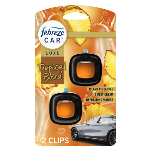 Febreze Car Luxe Tropical Blend vent-clip package showing two black vent clips and pineapple art