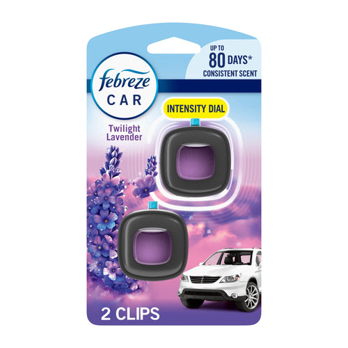 Retail blister pack of Febreze Car Twilight Lavender vent clips showing two square black clips and floral artwork