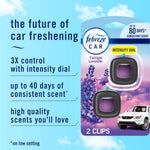 Promotional panel showing Febreze Car Twilight Lavender pack at right with bulleted benefits and sky background