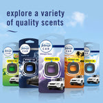 Row of different Febreze Car vent-clip packages with headline exploring a variety of quality scents