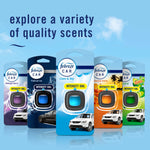 Row of different Febreze Car packaging varieties against a blue sky background with text 'explore a variety of quality scents'