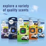 Row of different Febreze Car fragrance package variants including Gain Original in center with product blister images