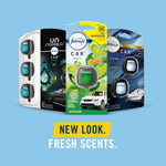 assortment of febreze car vent clip packages including unstopables fresh, original gain, and ocean with text new look fresh scents on a blue background