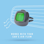 febreze car vent clip with green reservoir shown in front of a car vent illustration on a blue background with the text works with your car’s air flow