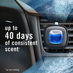 Febreze Car vent clip attached to a car vent with text claiming up to 40 days of consistent scent over blue textured background