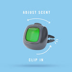 car vent clip air freshener with green reservoir showing adjust scent and clip in directions