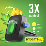 Close-up graphic of a Febreze Car vent clip showing green gel insert and an intensity dial with 3X control text