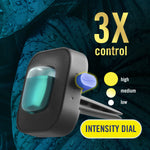 Close-up graphic of a Febreze Car vent clip showing intensity dial and 3x control infographic on teal background