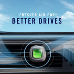 car dashboard air vent with a febreze vent clip containing green liquid, with stylized airflow lines and sky background