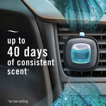 Febreze Car vent clip installed on a car vent with text stating up to 40 days of consistent scent on teal overlay