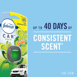 febreze car vent clip package in original with gain scent shown next to text about consistent scent on a blue background