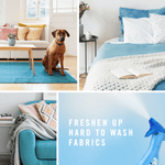 Collage of home scenes including a dog on a rug, a made bed, and text 'Freshen up hard to wash fabrics' with a spray nozzle