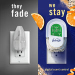 Split graphic comparing a generic faded plug-in on left with a Febreze digital scent control plug-in on right amid citrus imagery.