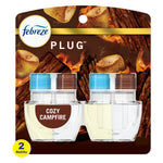 Packaged Febreze Plug refill twin pack labeled Cozy Campfire with two clear oil refill bottles and campfire imagery
